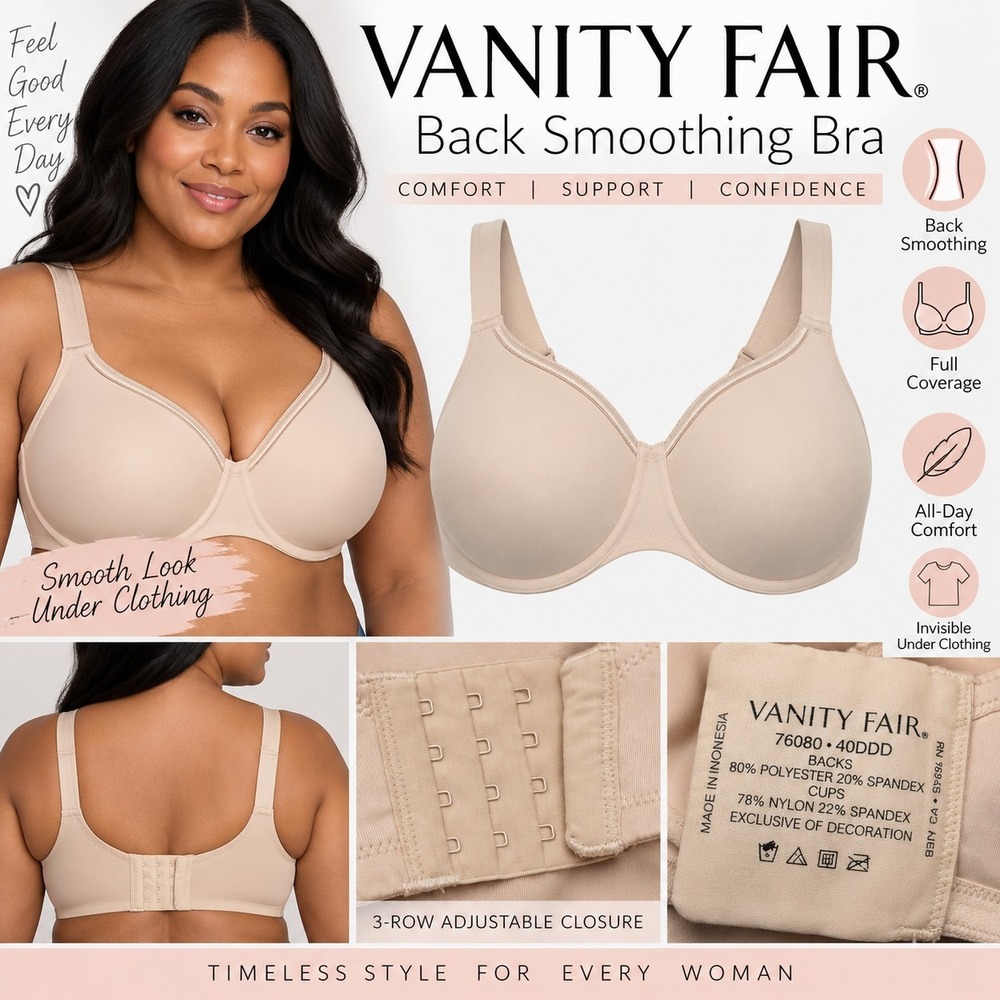 Vanity Fair 76080 Bra 40DDD Nude Beige Full Coverage Back Smoothing Underwire